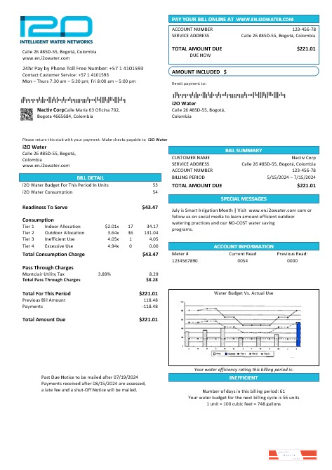 Colombia i2O Water business utility bill template in Word and PDF formats